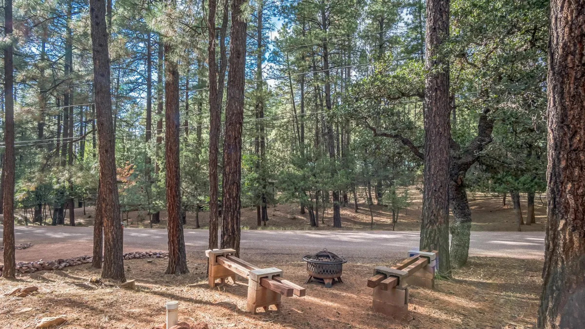 This image features a welcoming fire pit area surrounded by sturdy wooden benches, with a backdrop of towering trees. The setting is relaxed, inviting guests to gather around the fire for warmth and shared stories. The evening light filtering through the forest adds a magical ambiance, ideal for marshmallow toasting and connecting with loved ones.